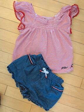 Tommy Hilfiger Red & White Striped Top with Blue Denim Shorts